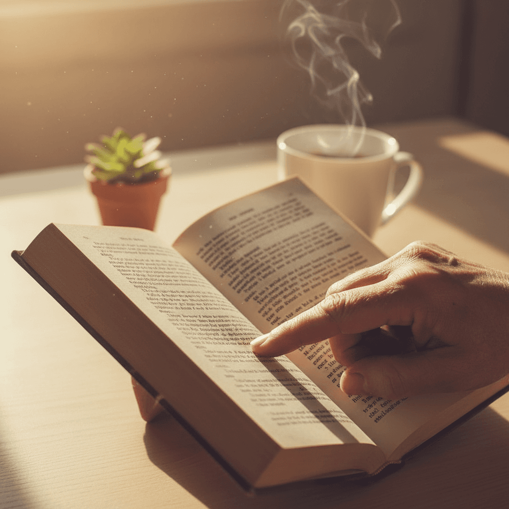 Hands organizing self-help books on a wooden shelf in golden hour lighting