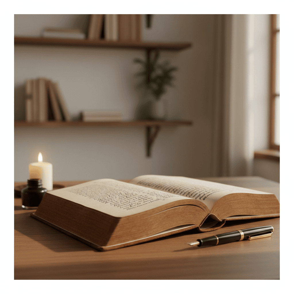 Curated self-help books arranged on a wooden desk with warm natural light